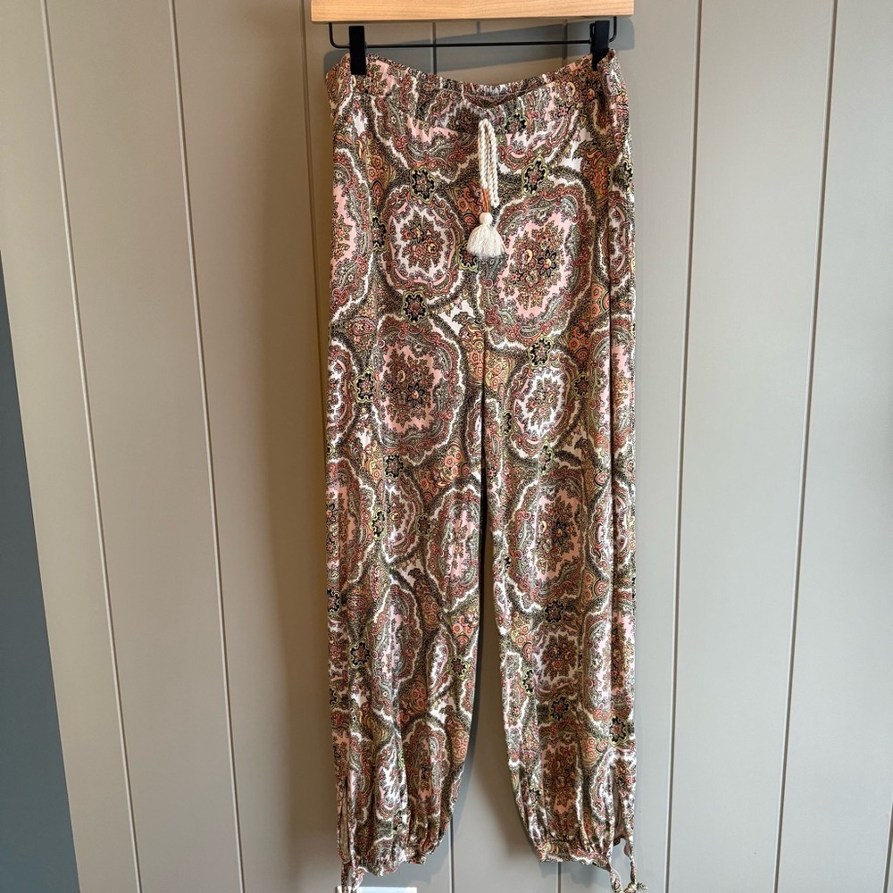 Anthropologie Artsy Boho Hippie Harem Pants Medium Paisley Pink Green White - Picture 13 of 13
